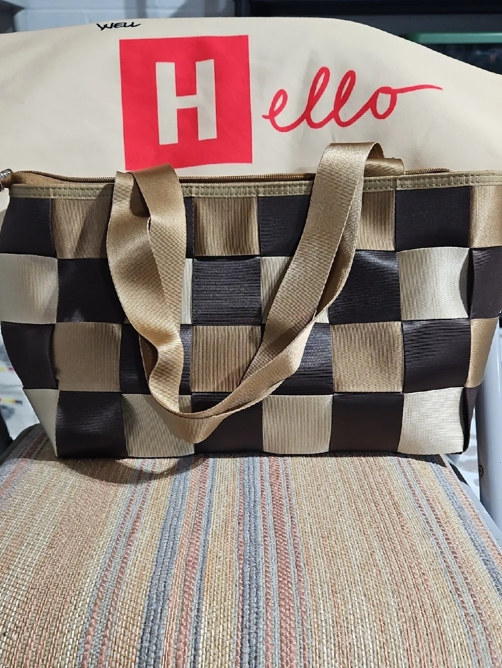 Comely Woven Checker Seat belt Tote Bag in Brown & Gold - With Dust Cover - Picture 1 of 4